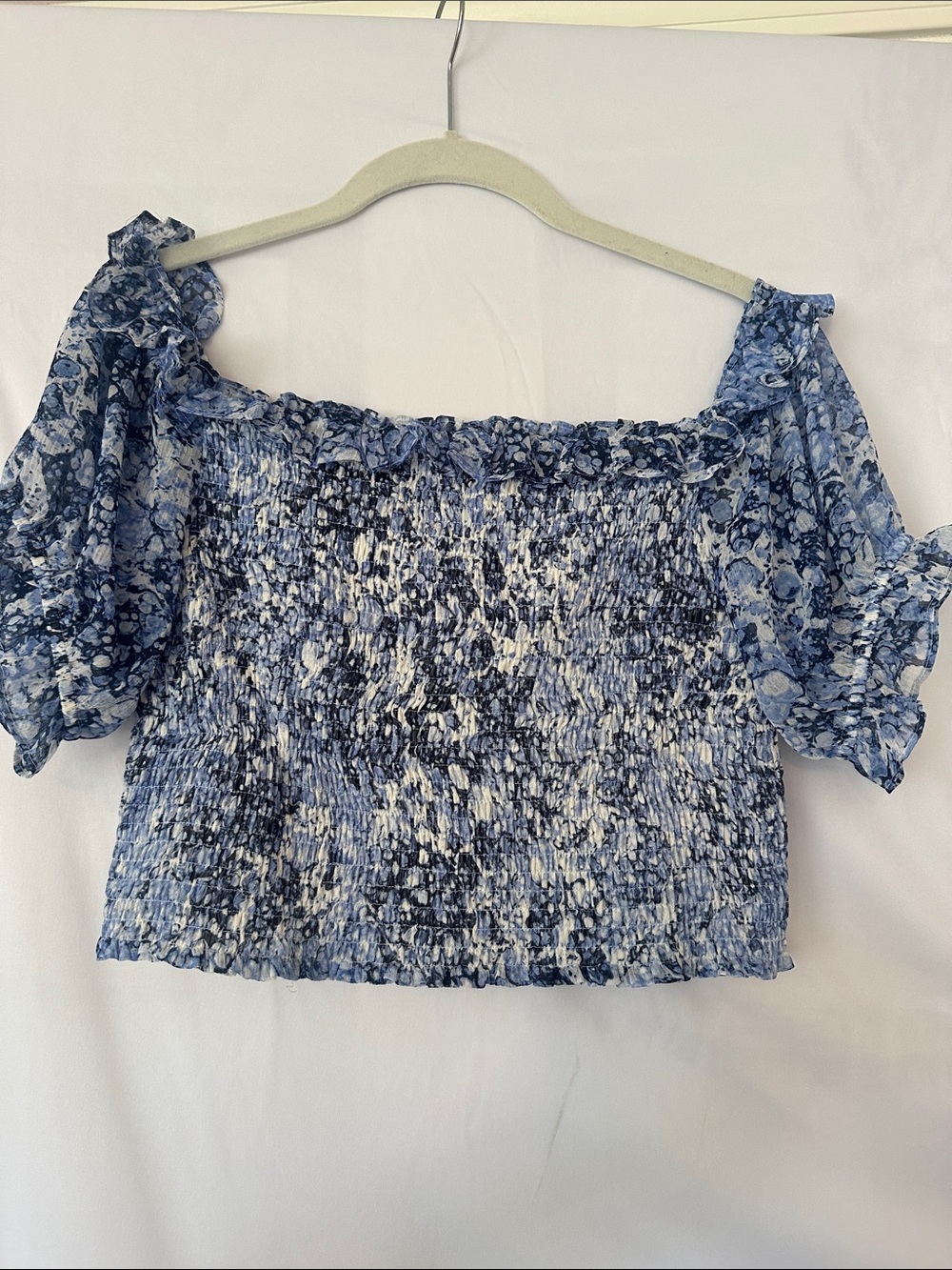 Express Blue Floral Smocked Off-Shoulder Crop Top
